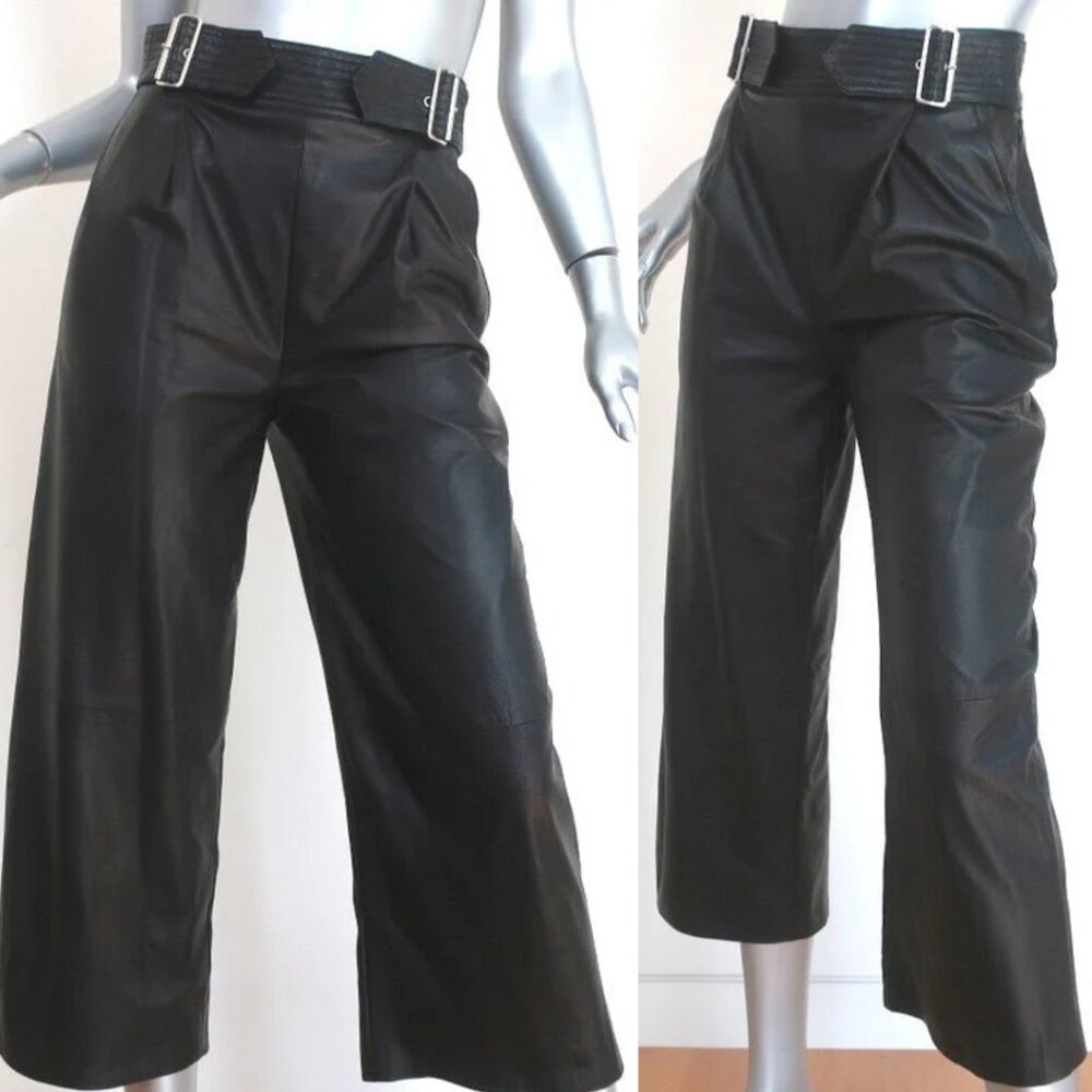 A.L.C. Leather Trousers Black Size 4 Wide Leg 2 Side Waist Belts, Lined
